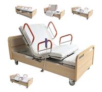 Juodkeo Lit médical bas de soins de longue durée entièrement électrique pour la maison, avec matelas et ensemble de rails, dispositifs d'aide au déplacement avec matelas, jusqu'à 200kg,Light brown
