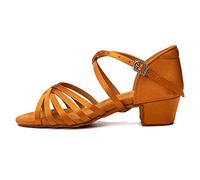 JUODVMP Chaussures de Danse Latine Fille de Salon Salsa Pratique Chaussures de Bachata 3cm Talons Bas Marron Modello 202PD, 33 EU / 21 CM