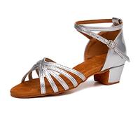 JUODVMP Chaussures de Danse Latine Fille de Salon Salsa Pratique Chaussures de Bachata 3cm Talons Bas Argent Modello 202PD, 33 EU / 21 CM