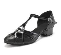 JUODVMP Femmes Sangle en T Chaussures De Danse Latine Salsa Bout Fermé Tango Moderne Cha-cha De Salon Modèle De Fête De Mariage Talon Bas 3cm Modèle 070-C,38 EU