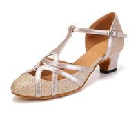 JUODVMP Femmes Sangle en T Chaussures De Danse Latine Salsa Bout Fermé Tango Moderne Cha-cha De Salon Modèle De Fête De Mariage Talon Bas 4cm Modèle 070-C,40 EU