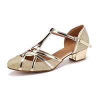 JUODVMP Femmes Sangle en T Chaussures De Danse Latine Salsa Bout Fermé Tango Moderne Cha-cha De Salon Modèle De Fête De Mariage Talon Bas 3cm Modèle 070-C,40 EU