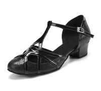 JUODVMP Femmes Sangle en T Chaussures De Danse Latine Salsa Bout Fermé Tango Moderne Cha-cha De Salon Modèle De Fête De Mariage Talon Bas 4cm Modèle 070-C,39 EU