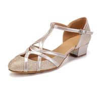JUODVMP Femmes Sangle en T Chaussures De Danse Latine Salsa Bout Fermé Tango Moderne Cha-cha De Salon Modèle De Fête De Mariage Talon Bas 3cm Modèle 070-C,40 EU