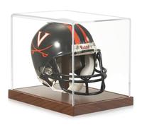 JupDec Mini présentoir pour casque de football, en acrylique transparent, protection UV avec base en bois massif et rehausseurs, boîte à souvenirs et objets de collection, cadeau idéal pour les fans