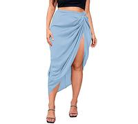 Jupe 2026 pour femme - Avec fente latérale asymétrique - Taille haute - Mini jupe en satin, bleu, XL