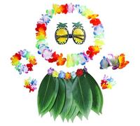 Jupe à feuilles hula avec des leis de fleurs, 7pcs / set Jupe d'herbe hawaïenne avec lunettes de soleil d'ananas, pince à cheveux, collier, bandeau et bracelet, tenues luau pour les femmes, les fille