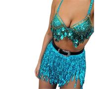 Jupe à franges Women's Sequin Belly Dance Waist Chain Halter Skirt(Blue)