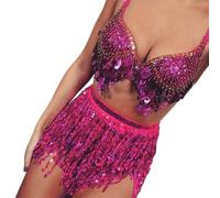 Jupe à franges Women's Sequin Belly Dance Waist Chain Halter Skirt(Pink)