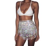 Jupe à franges Women's Sequin Belly Dance Waist Chain Halter Skirt(Silver)