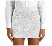 Jupe A Paillette Pour Femme Décontracté Taille haute Jupe Couleur unie Simple Sequin Skirts Taille Élastique Festif Vêtements Chic Élégant Jupes Paillettes De Danse Music Festival Costume (White, M)