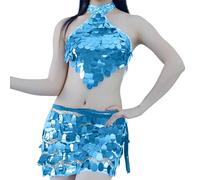 Jupe à paillettes deux pièces pour danse du ventre, costume latino-américain de performance pour carnaval et spectacles sur scène, bleu ciel, taille unique