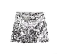 Jupe à paillettes pour femme - Jupe noire avec finition scintillante, coupe mi-haute, jupe décontractée de couleur unie pour le quotidien et les fêtes (L argenté)