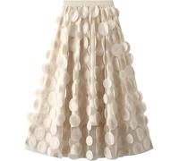 Jupe à pois en tulle pour femme - Taille élastique - Maille flowy - Jupe midi - Pour mariage, Halloween, fête, beige, taille unique