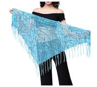 Jupe à pompons à paillettes pour femme - Écharpe triangulaire avec franges, ceinture latine, jupe bohème à paillettes pour festival et spectacles de danse., O bleu ciel, taille unique