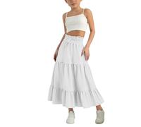 Jupe à volants pour filles avec cordon de serrage taille haute - Jupe midi trapèze d'été en coton et lin - Style bohème décontracté - Jupe longue fluide pour l'école, blanc, 9-10 ans