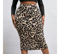 Jupe ajustée en ligne A à motif léopard élégant all-match pour femmes grande taille 0XL,1XL,2XL,3XL,4XL,5XLImprimé léopard,Motif texturéTissu tricoté