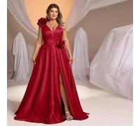 Jupe ample élégante et luxueuse en satin plissé avec décolleté en V, décoration florale 3D et fente haute. Coupe évasée. Convient pour le mariage, la fête, la remise des diplômes, les vacances, la rob