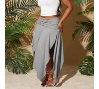 Jupe asymétrique fendue sexy à taille froncée, couleur unie grise, style printemps-été 2025 pour grandes tailles. Convient pour les vacances à la ville, les sorties, les anniversaires, les enterrement