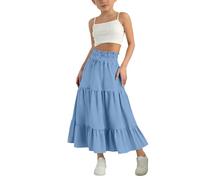 Jupe bohème à volants superposés pour filles, taille haute avec cordon de serrage, jupe midi A-line pour l'été, en coton et lin, jupe longue fluide et bohème pour l'école, bleu, 9-10 ans