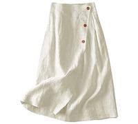 Jupe Boheme Femme Lin- Jupe Ete Mi Longue avec Boutons Coupe Ample Décontracté Ligne A Couleur Unie Chic Et Élégants Confortable Classiques Fluide Passe-Partout De Plage Skirts