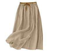 Jupe Coton Lin Femme Mi-Longue Midi Taille Élastique Cordon Serrage Poches A-Line Évasée Ample Fluide Été Jupe Bohème Chic Casual Jupes Plage Vacances Quotidien Ville Légère Respirante Couleur Unie
