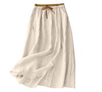 Jupe Coton Lin Femme Mi-Longue Midi Taille Élastique Cordon Serrage Poches A-Line Évasée Ample Fluide Été Jupe Bohème Chic Casual Jupes Plage Vacances Quotidien Ville Légère Respirante Couleur Unie