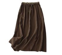Jupe Coton Lin Femme Mi-Longue Midi Taille Élastique Cordon Serrage Poches A-Line Évasée Ample Fluide Été Jupe Bohème Chic Casual Jupes Plage Vacances Quotidien Ville Légère Respirante Couleur Unie