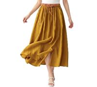 Jupe Coton Lin Femme Mi-Longue Midi Taille Élastique Cordon Serrage Poches A-Line Évasée Ample Fluide Été Jupe Bohème Chic Casual Jupes Plage Vacances Quotidien Ville Légère Respirante Couleur Unie