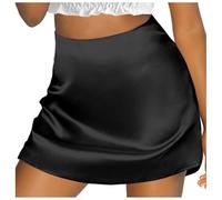 Jupe courte élégante en satin pour femme Taille haute Jupe trapèze Mini jupe d'été brillant en soie mini jupe noire amincissante extensible pour femme avec fermeture éclair jupe (01 Black, M)