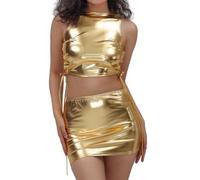 Jupe courte en cuir pour femme - Solide - Costume de scène de nuit - Robe de danse brillante et chaude, or, L