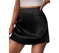 Jupe courte en satin pour femme - Mini longueur - Ligne A - Avec fermeture éclair - Taille haute - Courte - Pour l'été - Confortable - Taille haute - Décontractée et respirante - Courte, Noir , L