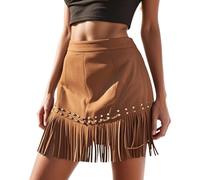 Jupe Courte Western à Franges Déco - Daim Synthétique Noir/Brun - Look Festival Bohème Chic - pour Concert Country & Rave - Mode Été Sexy