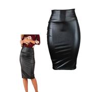 Jupe Crayon Haute Bodycon Midi Bureau en Cuir Noir, Élastique Mince à la Hanche