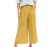 Jupe-culotte en coton à jambes larges pour femme - Pantalon taille élastique avec poches, jaune, M