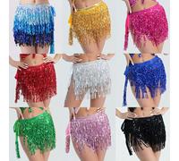Jupe de danse du ventre pour femmes avec franges pailletées et sequins. Écharpe de hanche enveloppante. Costume de festival, de carnaval, de cabaret avec jupe à franges pour femmes, pour soirée bleu r