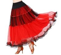 Jupe de danse élégante à volants pour femme - Taille élastique - Longue jupe fluide pour valse latine, spectacles sur scène, danse latine, Rouge, L