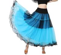 Jupe de danse élégante à volants pour femme - Taille élastique - Longue jupe fluide pour valse latine, spectacles sur scène, danse latine, bleu lac, L