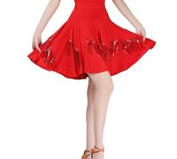 Jupe de danse moderne pour danse latine, salsa, tango, swing avec franges à paillettes, design court scintillant, Rouge, XL