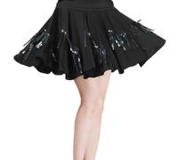 Jupe de danse moderne pour danse latine, salsa, tango, swing avec franges à paillettes, design court scintillant, Noir , L