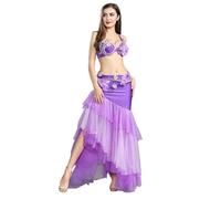 Jupe De Danse Orientale Professionnelle pour Femme Costume De Compétition pour Festival Tribal Robes De Danse pour Halloween Jupe Longue avec Soutien Gorge Et Ceinture,Violet,L