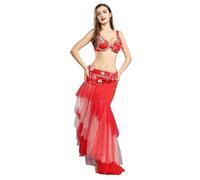Jupe De Danse Orientale Professionnelle pour Femme Costume De Compétition pour Festival Tribal Robes De Danse pour Halloween Jupe Longue avec Soutien Gorge Et Ceinture,Rouge,S