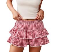 Jupe de fée à volants pour femme - Motif floral - Rayée - Vichy - Mini jupe fluide - Taille extensible - Jupe courte plissée multicouche, rouge, M