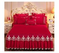 Jupe De Lit en Dentelle Jupe de lit brodée en Dentelle, Couvre-lit matelassé en Coton, Couleur Unie, Drap, taie d'oreiller(Red C,1pcs Skirt 180 x 200)