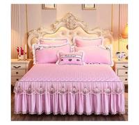 Jupe De Lit en Dentelle Jupe de lit brodée en Dentelle, Couvre-lit matelassé en Coton, Couleur Unie, Drap, taie d'oreiller(Pink B,1pcs Skirt 200 x 220)