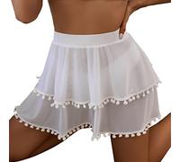 Jupe de plage pour femme - Avec pompons - Sexy - Transparent - Noir - Taille haute - Mini jupe transparente - Jupe de plage - Robe de plage - Jupe de bain transparente, Blanc., L
