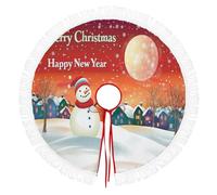 Jupe De Sapin De Noël 90cm À Glands, Tapis/Couvre-Pied Rond Décoratif pour Arbre, Maisons Bonhommes Neige Paysages Au Clair Lune,pour La Maison, Vacances, Décoration d'arbre