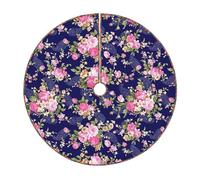 Jupe de sapin de Noël à imprimé floral bleu marine, tapis de décoration de maison de vacances avec bordure pour fête de Noël et réveillon du Nouvel An