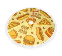 Jupe de sapin de Noël à motif de malbouffe de dessin animé avec bordure à pompons, décoration de sapin de Noël douce pour Noël