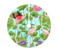 Jupe de sapin de Noël avec imprimé flamants roses et fleurs d'amour, tapis de décoration pour décoration intérieure, fête et réveillon du Nouvel An